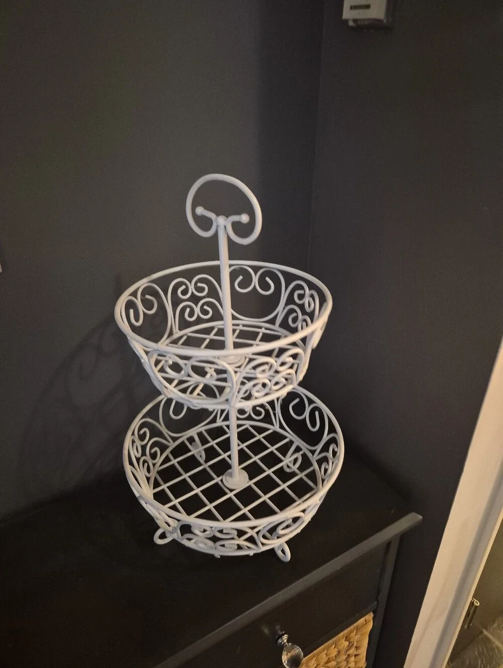 White Metal Scrollwork Princess  2-Tiered Basket Fruit Bowl Holder Decor